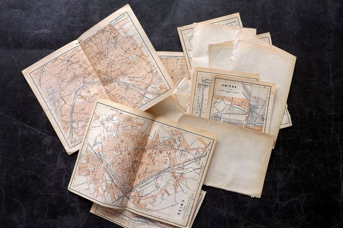 Baedeker, Karl 1895 Lot of 21 Antique Maps. Northern France: Lithograph Maps Published 1905, Leipzig for "Northern France from Belgium and the English Channel to the Loire. Handbook for Travellers" by Karl Baedeker. Folds as issued. Paper Size: Up to 8 x 6 inch