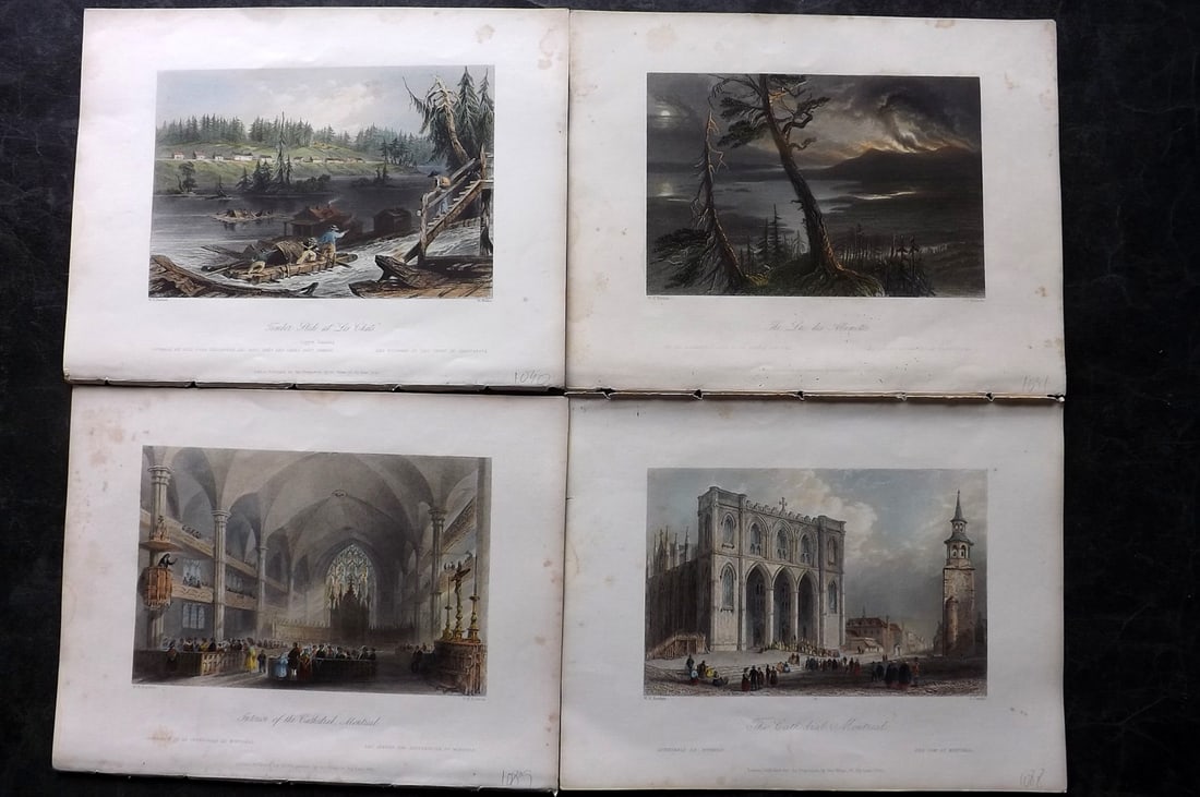 Bartlett Canada 1842 Lot of 4 Deluxe Hand Col Prints: Hand Colored Steel Engravings Published 1842 by George Virtue, London for "Canadian Scenery Illustrated..." by Nathaniel P. Willis. Illustrated by William H. Bartlett. From the Rare Deluxe/Subscriber 