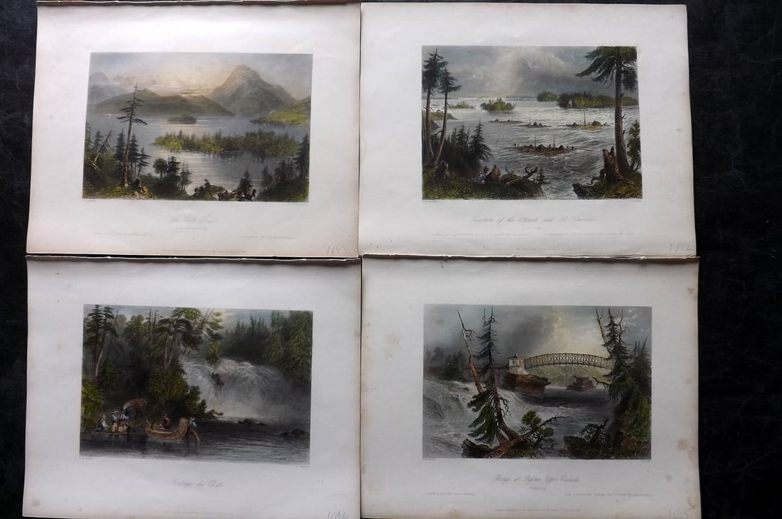 Bartlett Canada 1842 Lot of 4 Deluxe Hand Col Prints: Hand Colored Steel Engravings Published 1842 by George Virtue, London for "Canadian Scenery Illustrated..." by Nathaniel P. Willis. Illustrated by William H. Bartlett. From the Rare Deluxe/Subscriber 