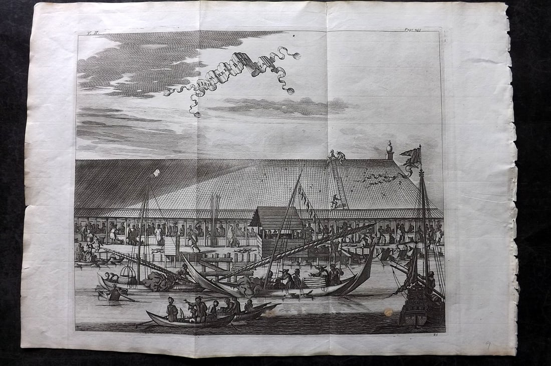 Churchill & Nieuhof 1744 LG Folio Print. Fish Market of Batavia, East Indies: Folio Copper Plate Published 1704-47 [1744] London for "A Collection of Voyages and Travels..." By Awnsham & John Churchill. The work based mostly on the Voyages and Travels into Brasil and the East-I