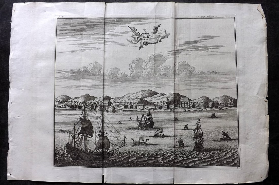 Churchill & Nieuhof 1744 LG Folio Print. Isle of Amboina. Ships East Indies: Folio Copper Plate Published 1704-47 [1744] London for "A Collection of Voyages and Travels..." By Awnsham & John Churchill. The work based mostly on the Voyages and Travels into Brasil and the East-I
