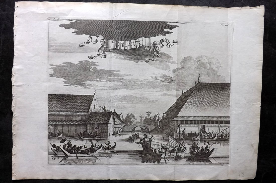 Churchill & Nieuhof 1744 LG Folio Print. Slaughter House of Batavia, Indonesia: Folio Copper Plate Published 1704-47 [1744] London for "A Collection of Voyages and Travels..." By Awnsham & John Churchill. The work based mostly on the Voyages and Travels into Brasil and the East-I