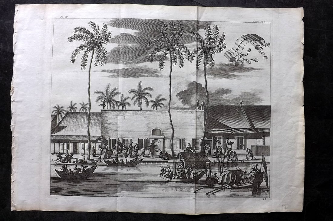 Churchill & Nieuhof 1744 LG Folio Print. Spinhouse, Batavia Indonesia: Folio Copper Plate Published 1704-47 [1744] London for "A Collection of Voyages and Travels..." By Awnsham & John Churchill. The work based mostly on the Voyages and Travels into Brasil and the East-I