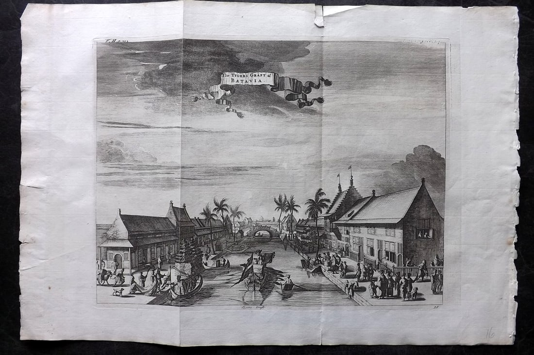 Churchill & Nieuhof 1744 LG Folio Print. Tygers Graft of Batavia, East Indies: Folio Copper Plate Published 1704-47 [1744] London for "A Collection of Voyages and Travels..." By Awnsham & John Churchill. The work based mostly on the Voyages and Travels into Brasil and the East-I