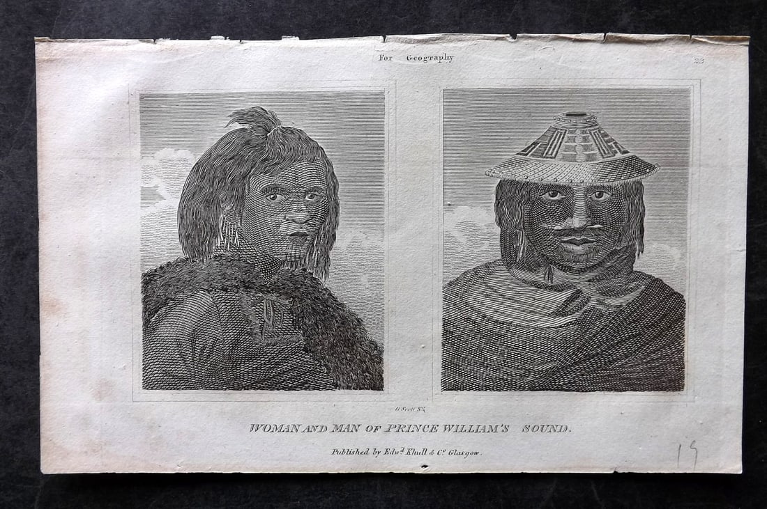 Glasgow Geography 1825 Print. Alaska -Woman & Man of Prince William's Sound: Copper Plate Published 1825, Glasgow for "The Glasgow Geography?" by Several Literary Gentleman. Paper Size: 8.5 x 5 inch (22 x 13cm) Minor margin toning, otherwise fine