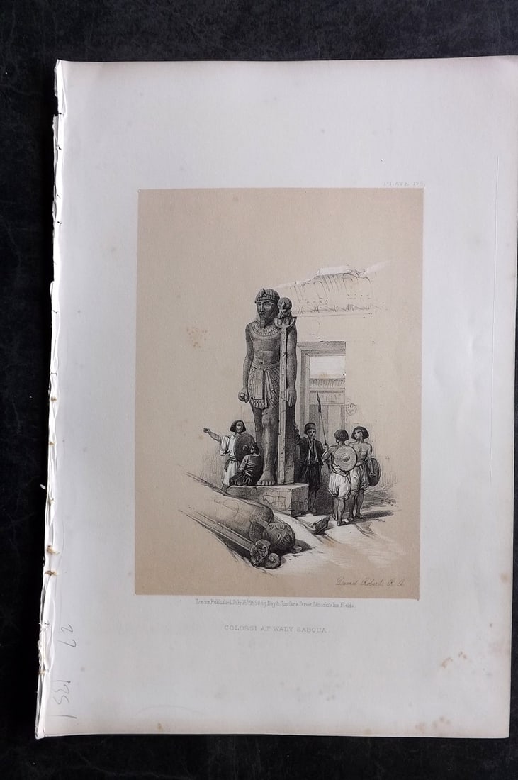 Roberts, David 1856 Print. Colossi at Wady saboua 175: Lithograph Published 1855-6 by Day & Son, London for "The Holy Land, Syria, Idumea, Arabia, Egypt & Nubia" Second Edition (First Quarto Edition) by David Roberts. Paper Size: 11.5 x 8 inch (29 x 20cm)