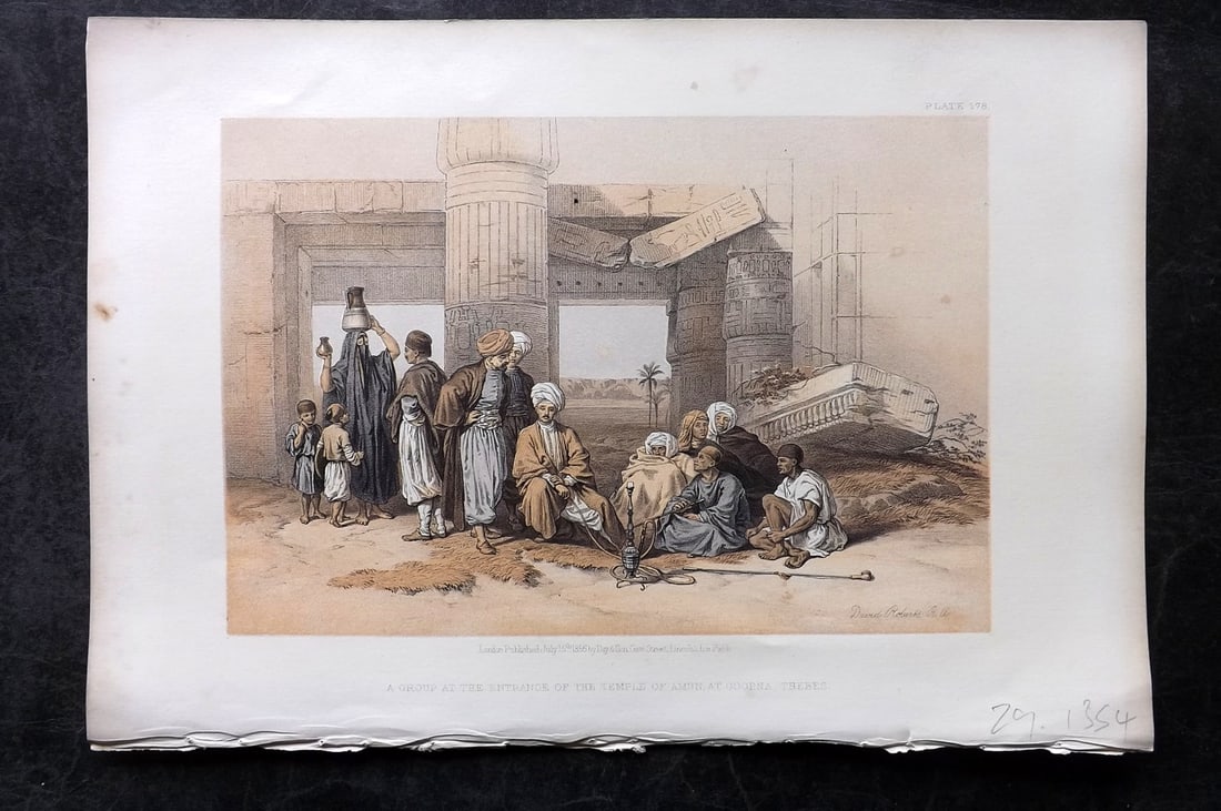 Roberts, David 1856 Print. Group at Temple of Amun at Goorka 178: Lithograph Published 1855-6 by Day & Son, London for "The Holy Land, Syria, Idumea, Arabia, Egypt & Nubia" Second Edition (First Quarto Edition) by David Roberts. Paper Size: 11.5 x 8 inch (29 x 20cm)