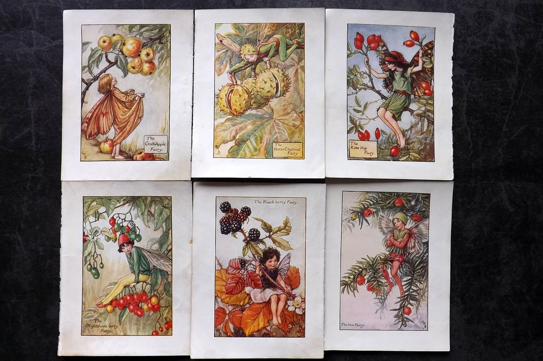 Barker, Cicely Mary C1940 Lot of 6 Flower-Fairy Prints - Autumn: Autumn Fairies. Lithographs Published C1935-45 by Blackie & Son, London & Glasgow for the "Flower-Fairies" Series by Cicely Mary Barker. Reverse side blank. Paper Size: 5.5 x 4 inch (14 x 10cm) Ink an