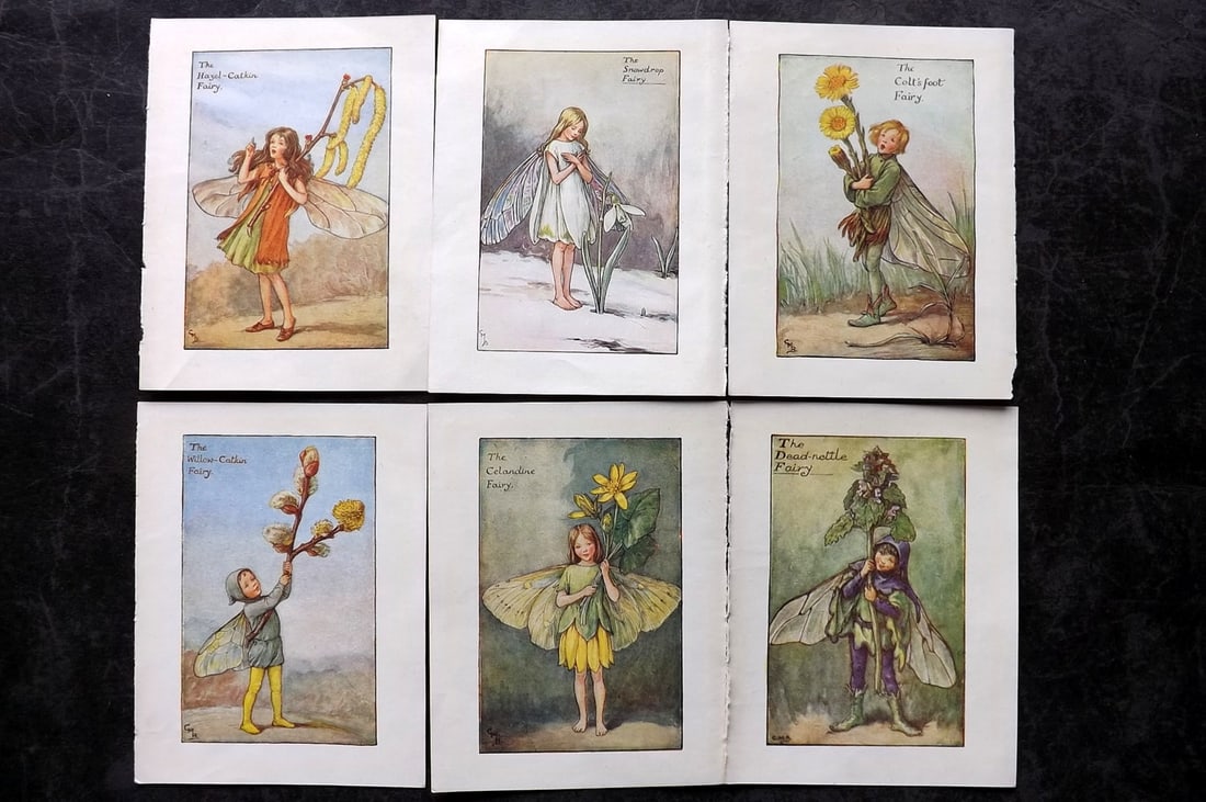 Barker, Cicely Mary C1940 Lot of 6 Flower-Fairy Prints - Spring: Spring Fairies. Lithographs Published C1935-45 by Blackie & Son, London & Glasgow for the "Flower-Fairies" Series by Cicely Mary Barker. Reverse side blank. Paper Size: 5.5 x 4 inch (14 x 10cm) Good C