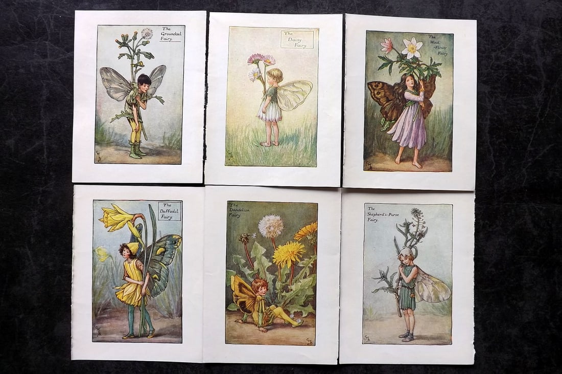 Barker, Cicely Mary C1940 Lot of 6 Flower-Fairy Prints - Spring: Spring Fairies. Lithographs Published C1935-45 by Blackie & Son, London & Glasgow for the "Flower-Fairies" Series by Cicely Mary Barker. Reverse side blank. Paper Size: 5.5 x 4 inch (14 x 10cm) Good C