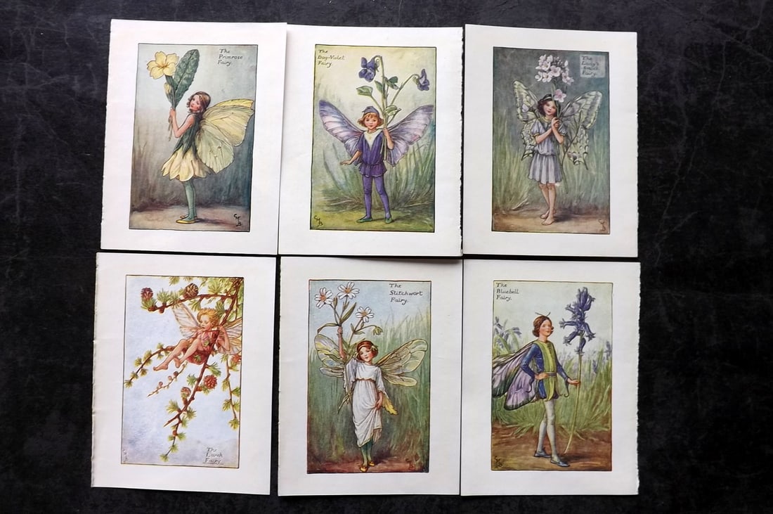 Barker, Cicely Mary C1940 Lot of 6 Flower-Fairy Prints - Spring: Spring Fairies. Lithographs Published C1935-45 by Blackie & Son, London & Glasgow for the "Flower-Fairies" Series by Cicely Mary Barker. Reverse side blank. Paper Size: 5.5 x 4 inch (14 x 10cm) Good C
