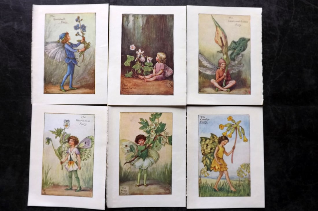 Barker, Cicely Mary C1940 Lot of 6 Flower-Fairy Prints - Spring: Spring Fairies. Lithographs Published C1935-45 by Blackie & Son, London & Glasgow for the "Flower-Fairies" Series by Cicely Mary Barker. Reverse side blank. Paper Size: 5.5 x 4 inch (14 x 10cm) Good C