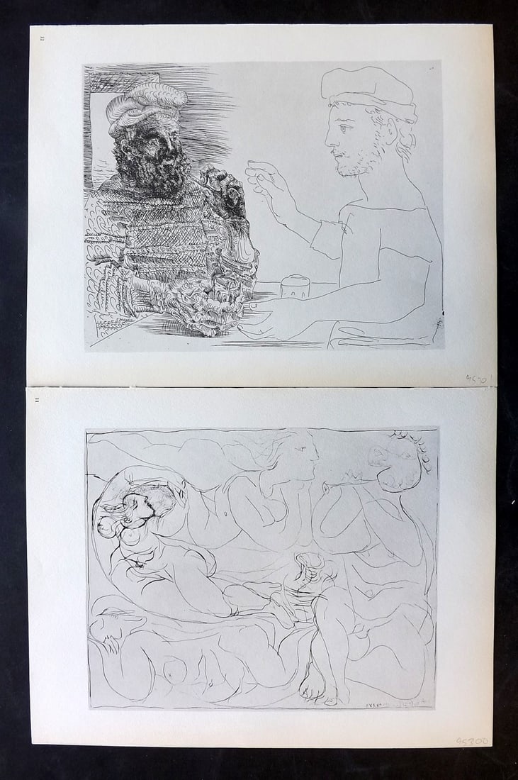 Picasso & Vollard 1956 Pair of Vintage Prints: Photogravures Published 1956, London for "Picasso's Vollard Suite" First English Edition of 100 Etchings created by Picasso between 1930-37. Printed on Good Quality Paper in Germany. Paper Size: 11 x 