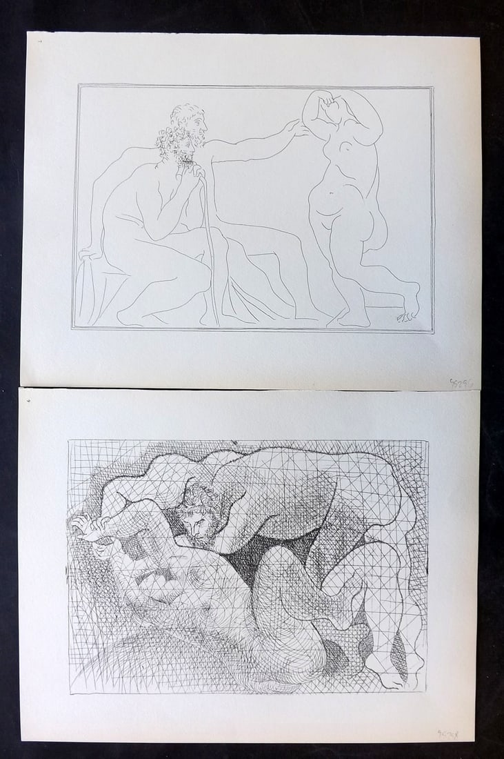 Picasso & Vollard 1956 Pair of Vintage Prints: Photogravures Published 1956, London for "Picasso's Vollard Suite" First English Edition of 100 Etchings created by Picasso between 1930-37. Printed on Good Quality Paper in Germany. Paper Size: 11 x 