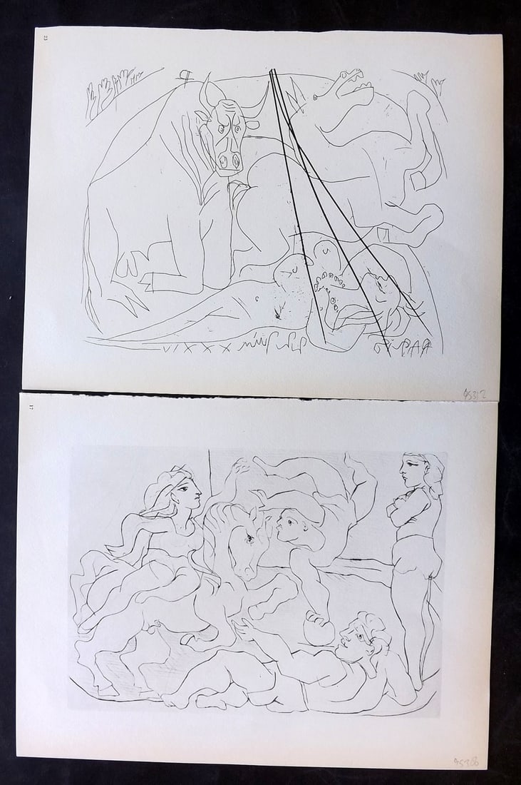 Picasso & Vollard 1956 Pair of Vintage Prints: Photogravures Published 1956, London for "Picasso's Vollard Suite" First English Edition of 100 Etchings created by Picasso between 1930-37. Printed on Good Quality Paper in Germany. Paper Size: 11 x 