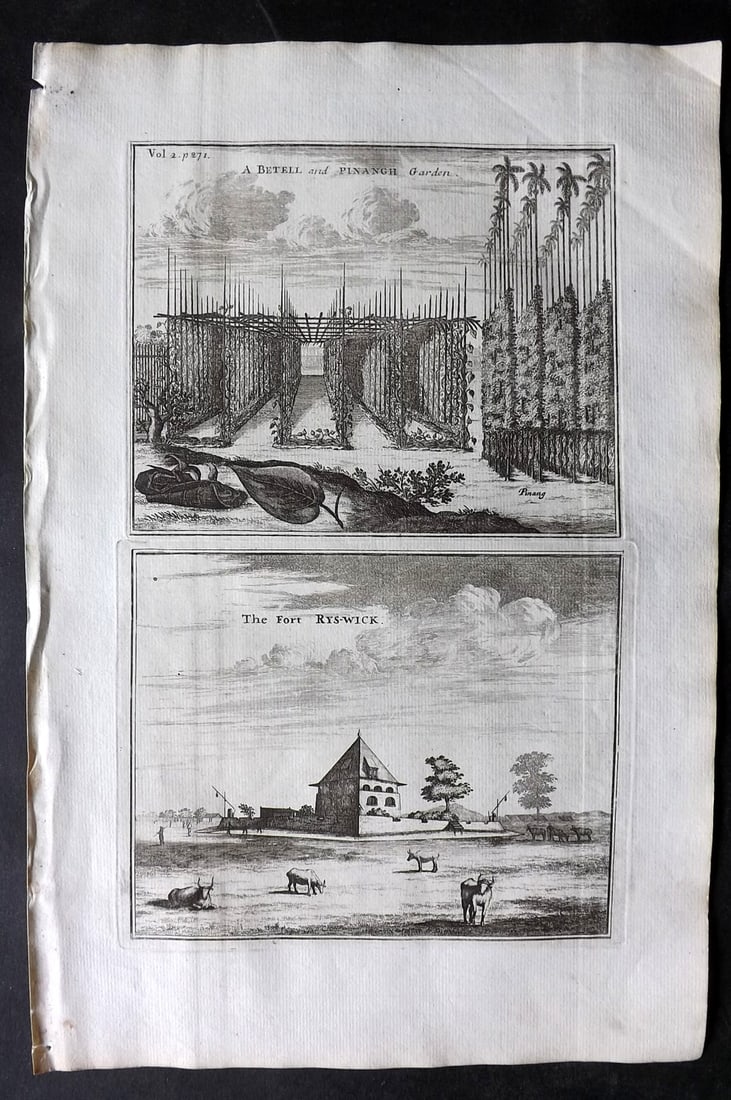 Churchill & Nieuhof 1744 Folio Print. Fort Rys-Wick & Betell Garden, East Indies (1 of 2)