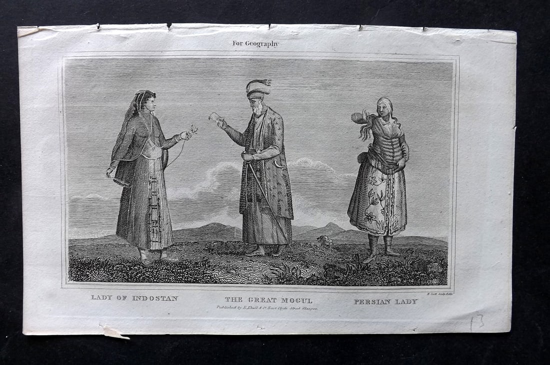 Glasgow Geography 1825 Print. India - Lady of Indostan, Great Mogul, Persian Lady: Copper Plate Published 1825, Glasgow for "The Glasgow Geography?" by Several Literary Gentleman. Paper Size: 8.5 x 5 inch (22 x 13cm) Minor margin toning, otherwise fine