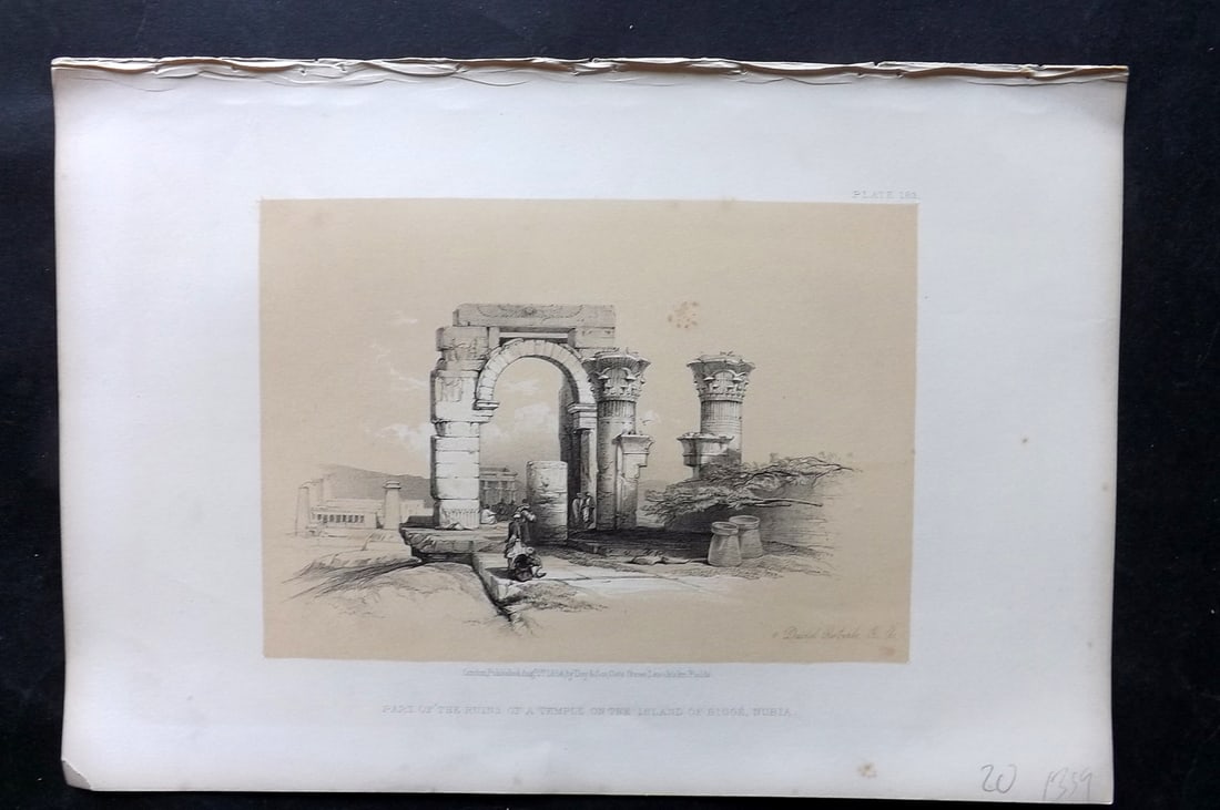 Roberts, David 1856 Print. Ruins of a Temple on the Island of Bigge 183: Lithograph Published 1855-6 by Day & Son, London for "The Holy Land, Syria, Idumea, Arabia, Egypt & Nubia" Second Edition (First Quarto Edition) by David Roberts. Paper Size: 11.5 x 8 inch (29 x 20cm)