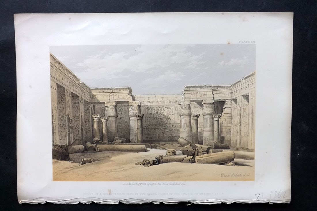 Roberts, David 1856 Print. Ruins of Christian Church, Temple of Medinet Abou 186: Lithograph Published 1855-6 by Day & Son, London for "The Holy Land, Syria, Idumea, Arabia, Egypt & Nubia" Second Edition (First Quarto Edition) by David Roberts. Paper Size: 11.5 x 8 inch (29 x 20cm)