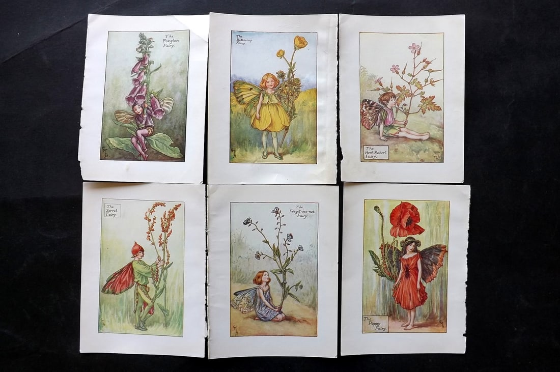 Barker, Cicely Mary C1940 Lot of 6 Flower-Fairy Prints - Summer: Spring Fairies. Lithographs Published C1935-45 by Blackie & Son, London & Glasgow for the "Flower-Fairies" Series by Cicely Mary Barker. Reverse side blank. Paper Size: 5.5 x 4 inch (14 x 10cm) Good C