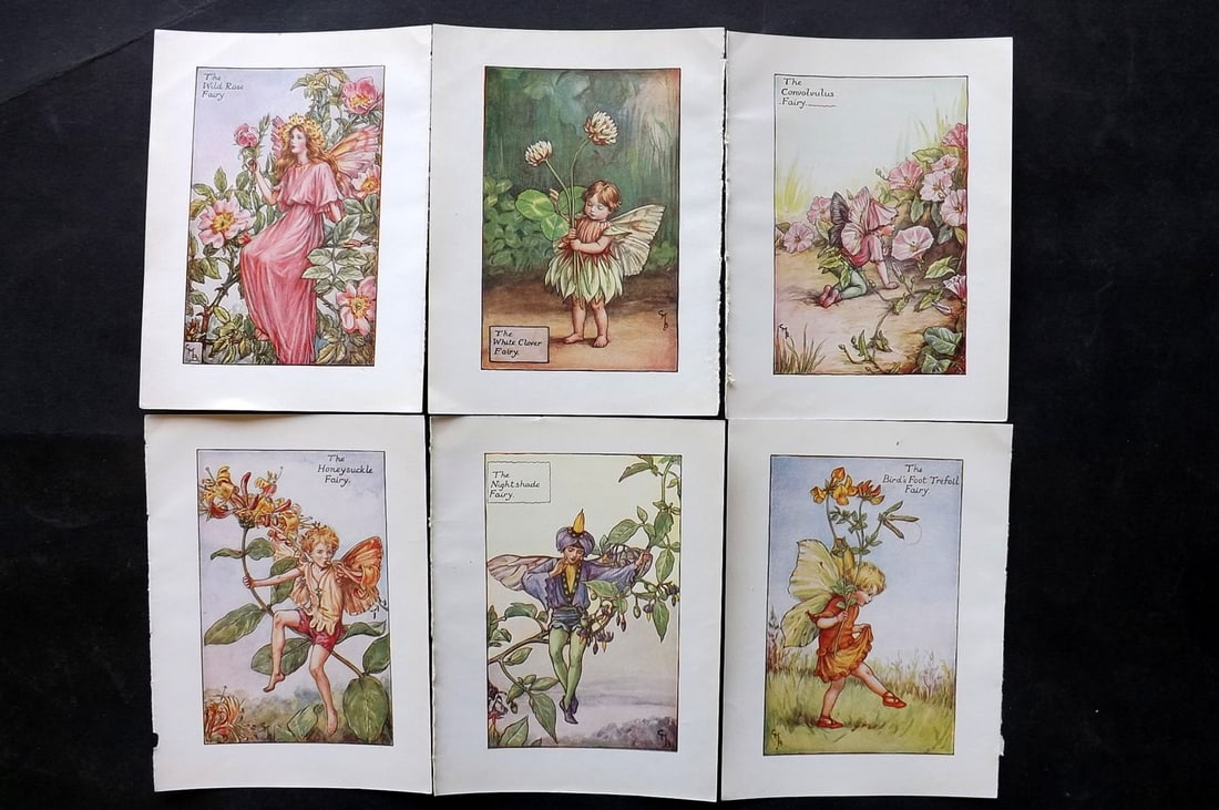 Barker, Cicely Mary C1940 Lot of 6 Flower-Fairy Prints - Summer: Spring Fairies. Lithographs Published C1935-45 by Blackie & Son, London & Glasgow for the "Flower-Fairies" Series by Cicely Mary Barker. Reverse side blank. Paper Size: 5.5 x 4 inch (14 x 10cm) Good C