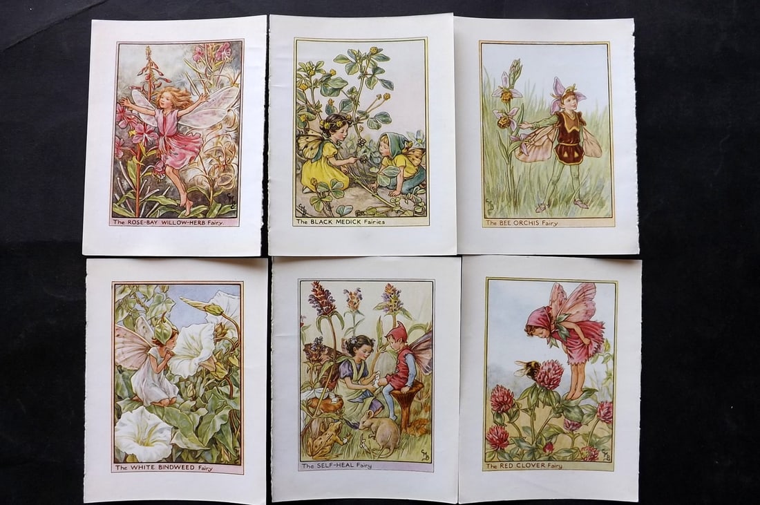 Barker, Cicely Mary C1940 Lot of 6 Flower-Fairy Prints - Wayside: Wayside Fairies. Lithographs Published C1935-45 by Blackie & Son, London & Glasgow for the "Flower-Fairies" Series by Cicely Mary Barker. Reverse side blank. Paper Size: 5.5 x 4 inch (14 x 10cm) Good