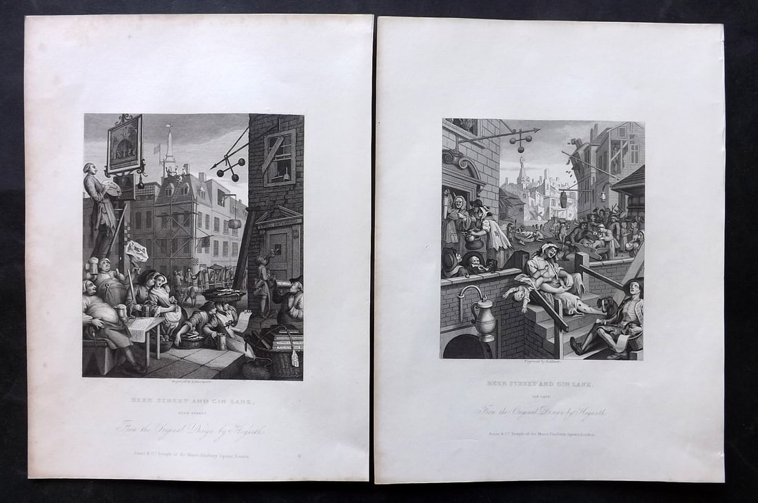 Hogarth, William 1833 Set of 2 Prints. Beer Street & Gin Lane: Steel Engravings Published 1833, London for "The Complete Works of William Hogarth" by The Rev. John Trusler. Paper Size: 10.5 x 8 inch (27 x 20cm) Very minor margin toning. Good Condition