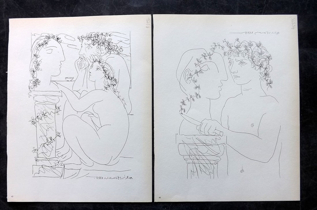 Picasso & Vollard 1956 Pair of Vintage Prints: Photogravures Published 1956, London for "Picasso's Vollard Suite" First English Edition of 100 Etchings created by Picasso between 1930-37. Printed on Good Quality Paper in Germany. Paper Size: 11 x 