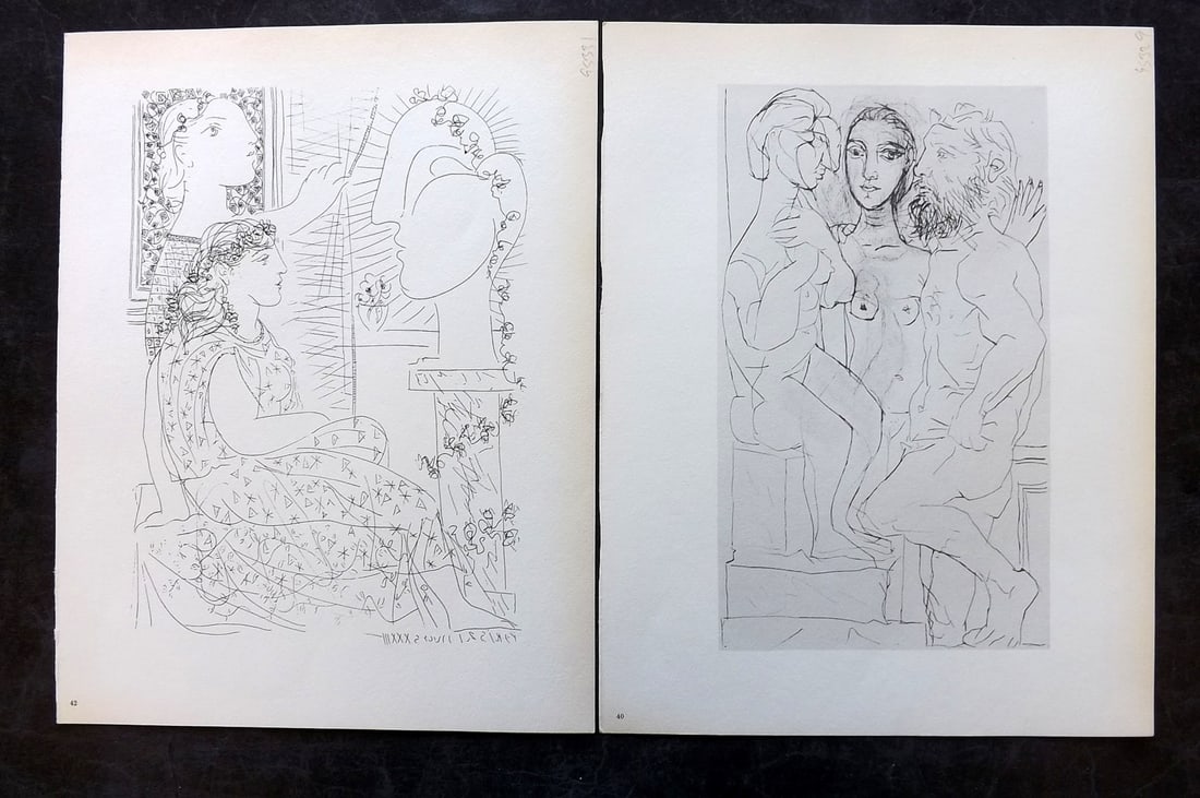 Picasso & Vollard 1956 Pair of Vintage Prints: Photogravures Published 1956, London for "Picasso's Vollard Suite" First English Edition of 100 Etchings created by Picasso between 1930-37. Printed on Good Quality Paper in Germany. Paper Size: 11 x 