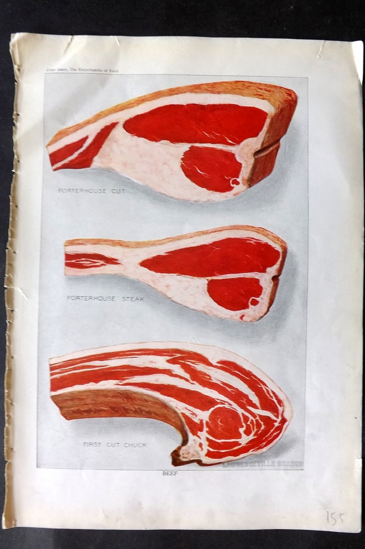Ward, Artemas 1923 Food Print. Beef Steak: Offset Lithographs Published 1923, New York for "The Encyclopedia of Food" by Artemas Ward. Paper Size: 10.5 x 7.5 inch (27 x 19cm) Discrete ink library stamp on edge of bottom image. Minor corner mar