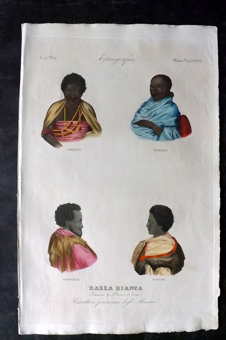 Marmocchi, F. C. 1845 Folio HCol Print. Abyssinia Natives. Ethiopia Eritrea: Folio Hand Colored Etching/Engraving Published 1845, Florence for "Atlante di Geografia-Storica Universale" by Francesco C. Marmocchi. Paper Size: 17 x 11 inch (43 x 28cm) Good Condition