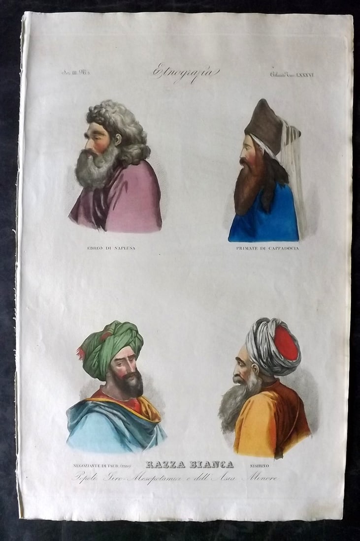 Marmocchi, F. C. 1845 Folio HCol Print. Judaica - Jews of Turkey, Palestine 86: Folio Hand Colored Etching/Engraving Published 1845, Florence for "Atlante di Geografia-Storica Universale" by Francesco C. Marmocchi. Paper Size: 17 x 11 inch (43 x 28cm) Good Condition