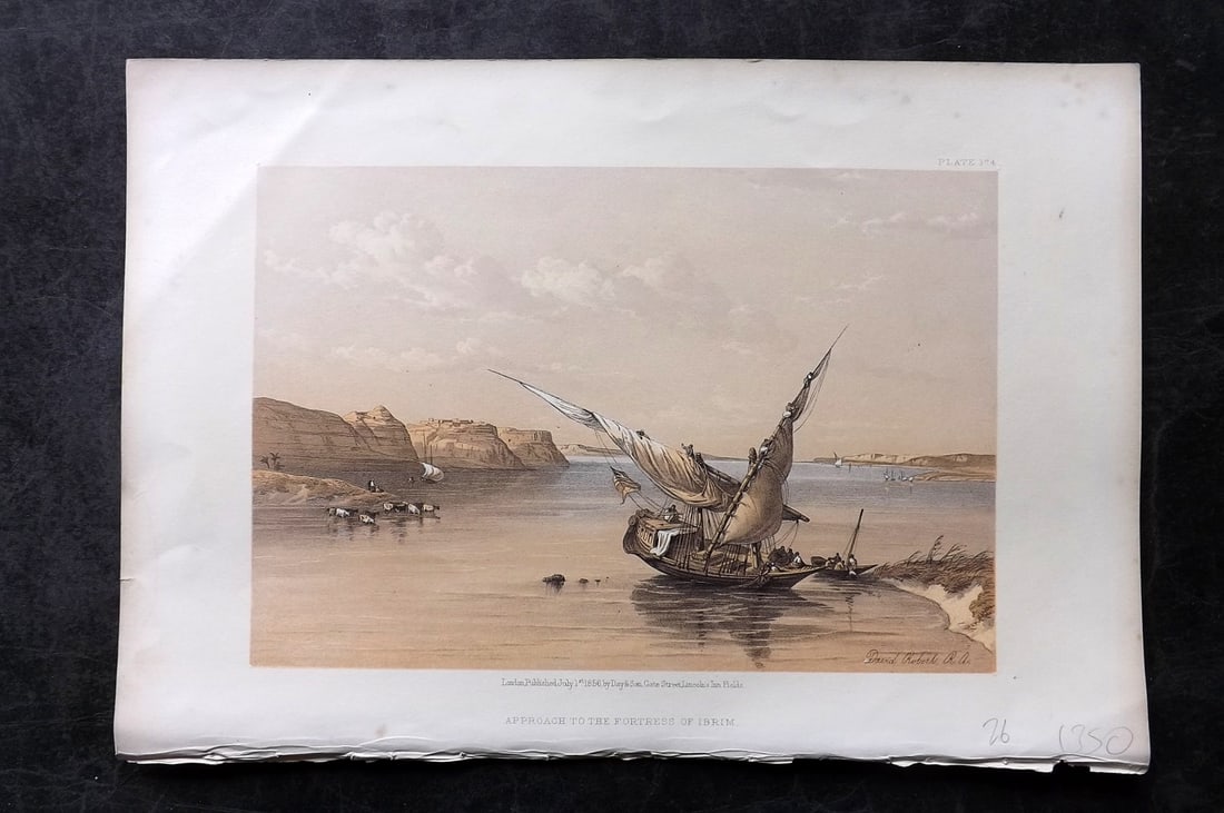 Roberts, David 1856 Print. Approach to the Fortress of Ibrim 174: Lithograph Published 1855-6 by Day & Son, London for "The Holy Land, Syria, Idumea, Arabia, Egypt & Nubia" Second Edition (First Quarto Edition) by David Roberts. Paper Size: 11.5 x 8 inch (29 x 20cm)