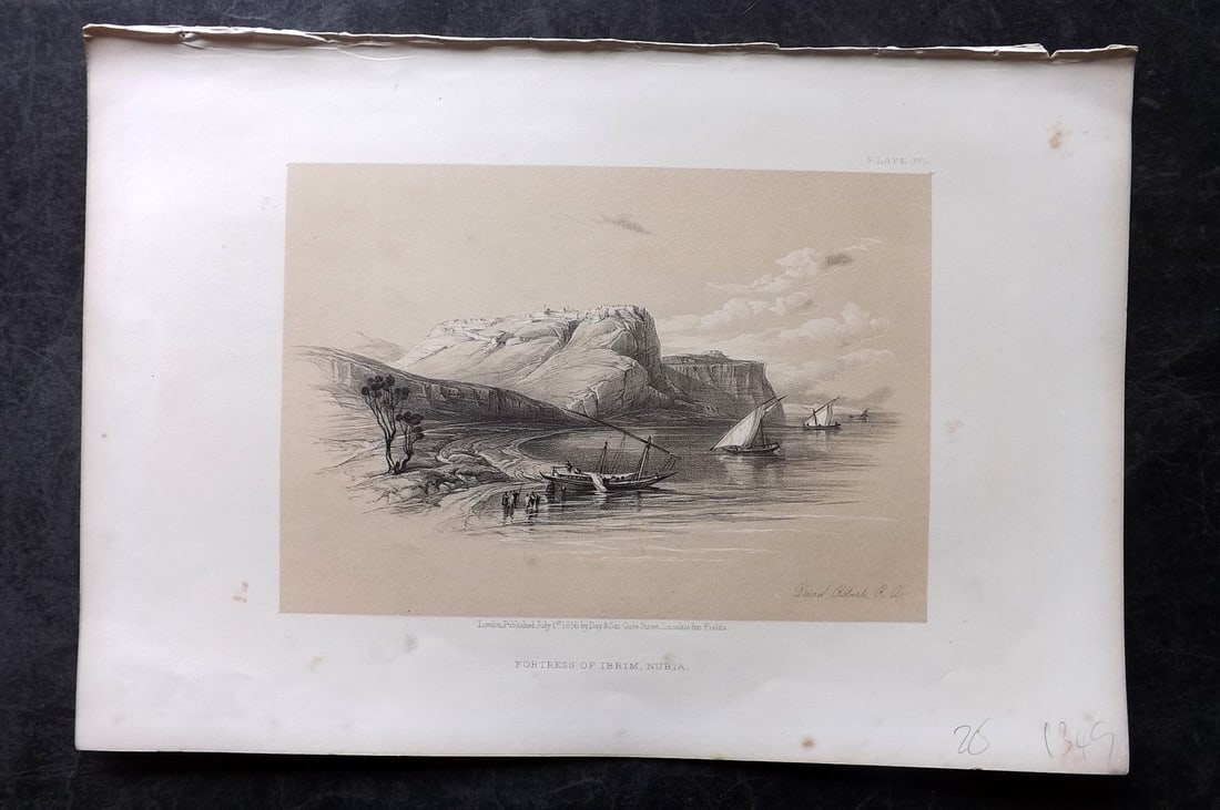 Roberts, David 1856 Print. Fortress of Ibrim, Nubia 173: Lithograph Published 1855-6 by Day & Son, London for "The Holy Land, Syria, Idumea, Arabia, Egypt & Nubia" Second Edition (First Quarto Edition) by David Roberts. Paper Size: 11.5 x 8 inch (29 x 20cm)