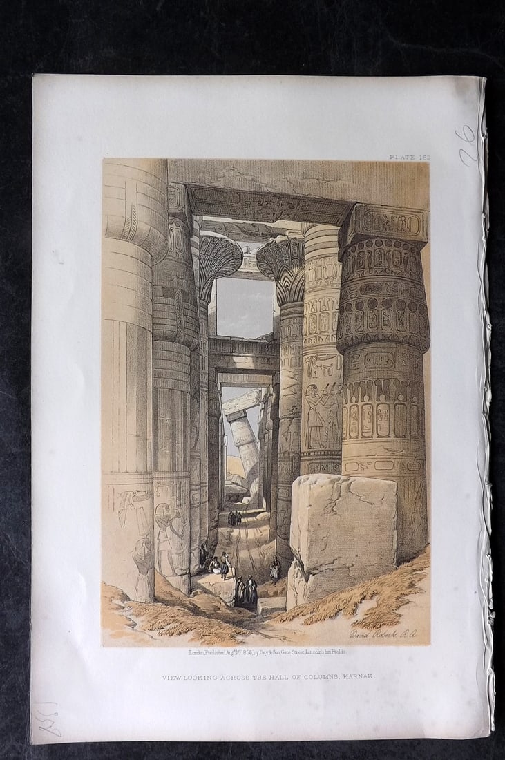 Roberts, David 1856 Print. View Looking across the Hall of Columns 182: Lithograph Published 1855-6 by Day & Son, London for "The Holy Land, Syria, Idumea, Arabia, Egypt & Nubia" Second Edition (First Quarto Edition) by David Roberts. Paper Size: 11.5 x 8 inch (29 x 20cm)