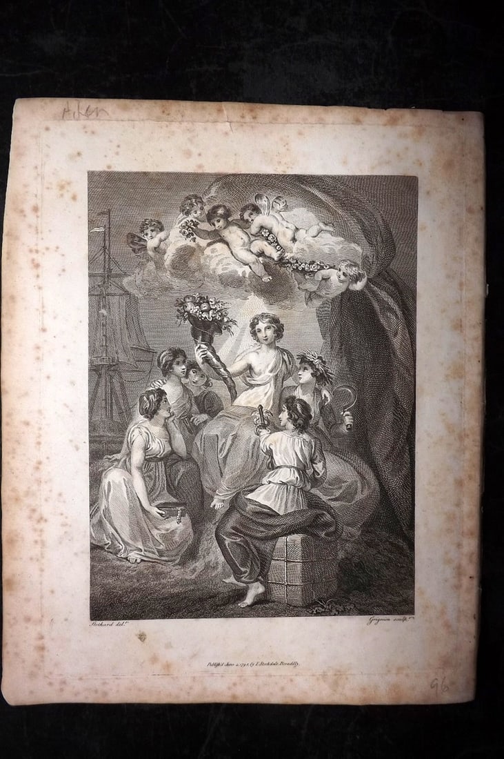 Aiken, John 1795 Print. Classical Engraved Frontis. Cherubs etc: Copper Plate Published 1795, London for "A Description of the Country from Thirty to Forty Miles Round Manchester" by John Aiken. Paper Size: 11.5 x 9 inch (29 x 23cm) Some margin toning, image genera