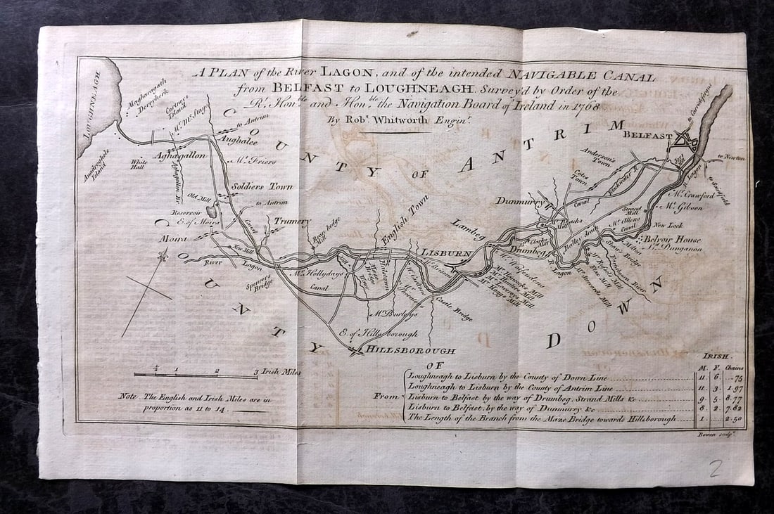 Gentleman's Magazine 1778 Canal Map. Belfast to Loughneagh Northern Ireland (1 of 1)