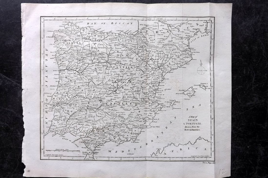 Cooke, George 1801 Antique Map. Spain & Portugal: Copper Engraved Map Published 1801-07 by Macdonald & Son, London for "Modern and Authentic System of Universal Geography" By George A. Cooke. Folds as issued. Paper Size: 12.5 x 10 inch (32 x 26cm) Ap