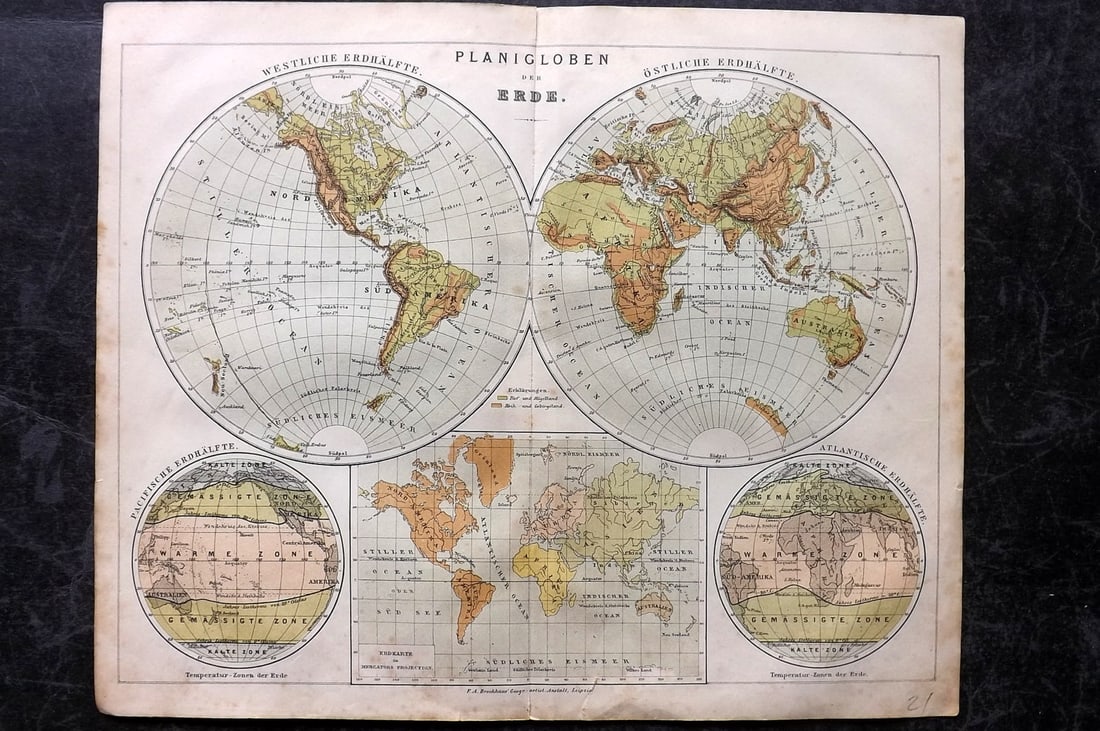 Brockhaus (Pub) 1880's Antique Map. World Hemispheres (1 of 1)