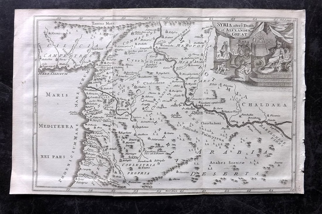 Sale & Psalmanazar 1779 Map. Syria after the Death of Alexander the Great: Copper Enngraved Map Published 1779, London for "An Universal history, from the earliest account of time..." by George Sale, George Psalmanazar et al. Folds as issued. Paper Size: 12.5 x 8 inch (32 x