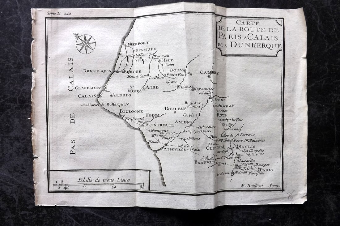 De La Force, Jean 1730 Road Map. Paris a Calais eta Dunkerque (1 of 1)