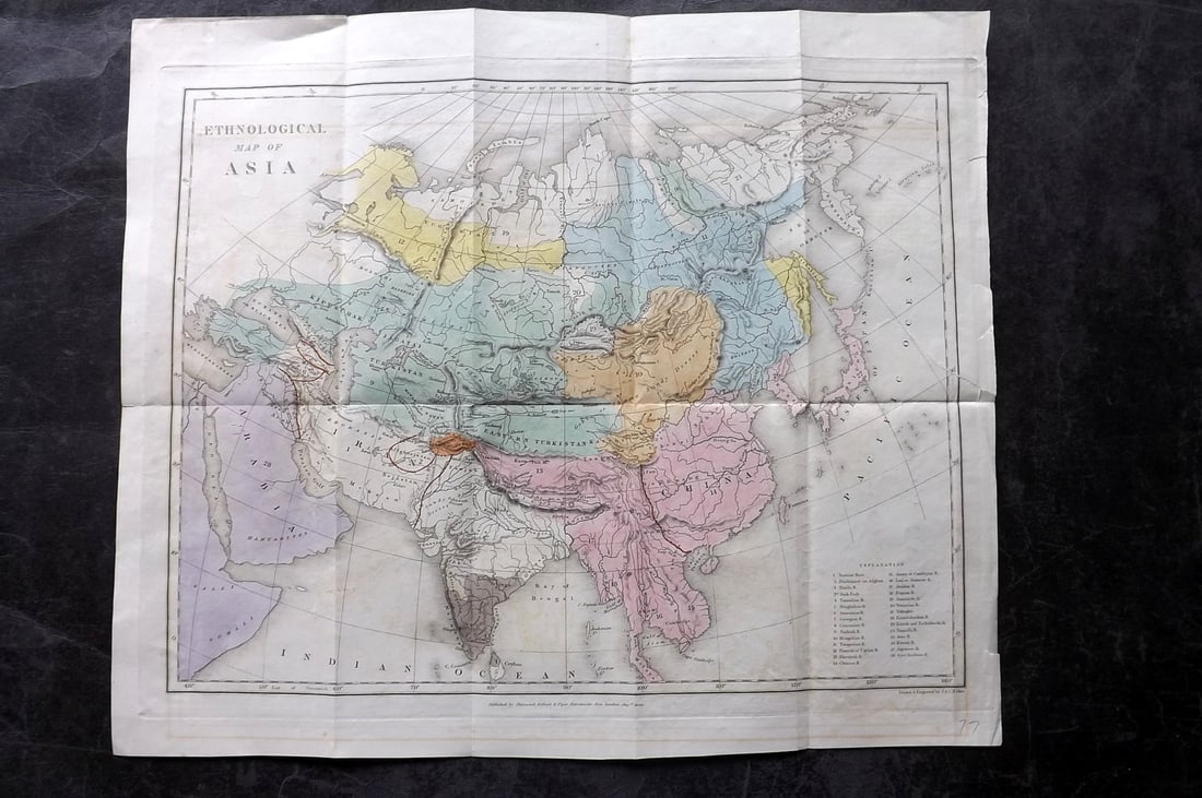 Prichard & Walker 1844 Hand Colored Map. Ethnological Map of Asia (1 of 2)