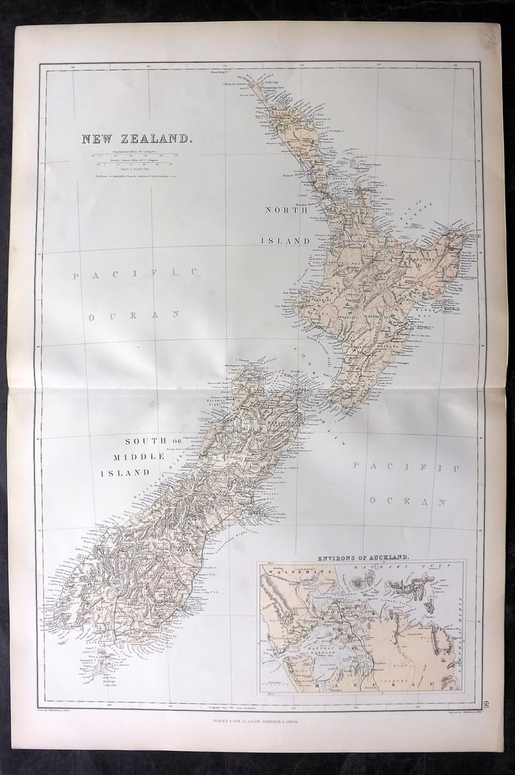 Blackie (Pub) 1882 Folio Map. New Zealand: Lithograph Map Published 1882 by Blackie & Son, London for "The Comprehensive Atlas & Geography of the World" by W. G. Blackie. Centre fold as published. Paper Size: 22 x 15 inch (56 x 38cm) Good cond