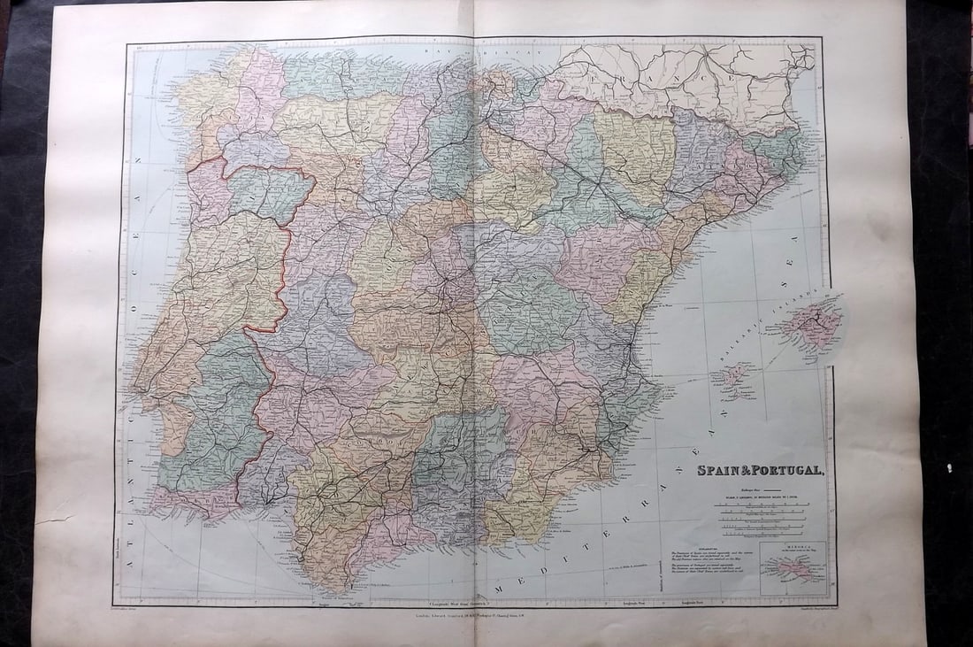 Stanford, Edward 1901 Large Map. Spain & Portugal: Large Folio Lithograph Map Published 1901, London for "Stanford's London Atlas of Universal Geography" by Edward Stanford. Centre fold as published. Paper Size: 29 x 21.5 inch (74 x 55cm) Left margin 