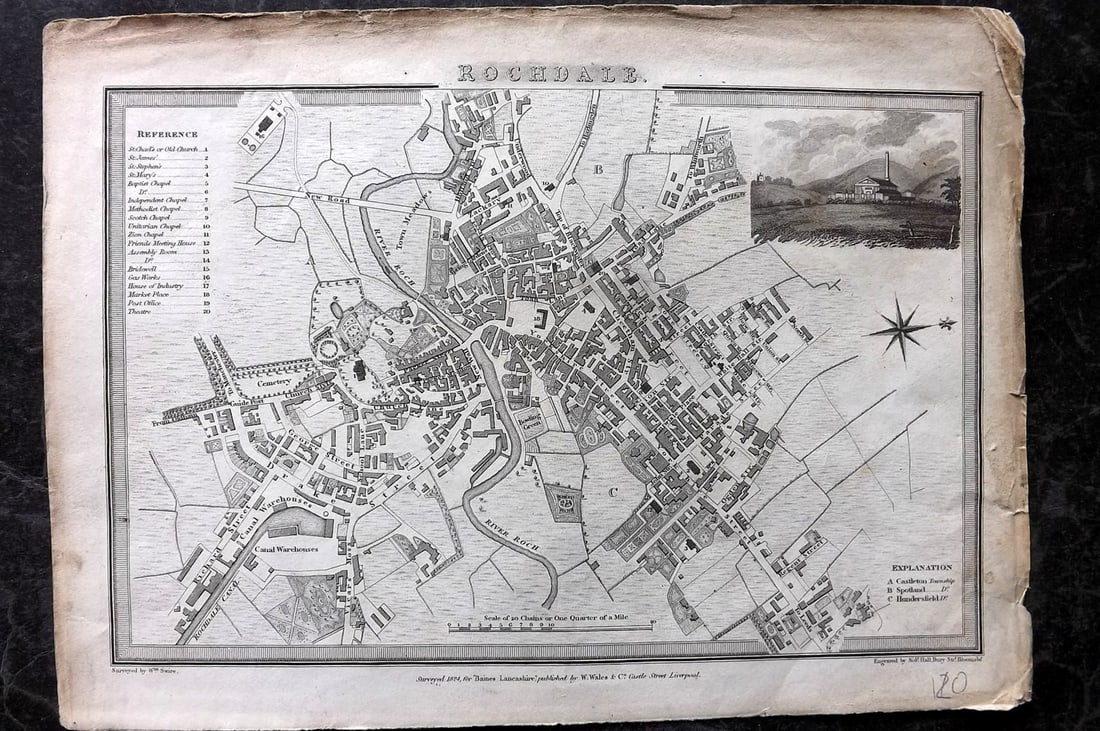 Swire & Hall 1824 Antique Map. Rochdale, Lancashire (1 of 1)