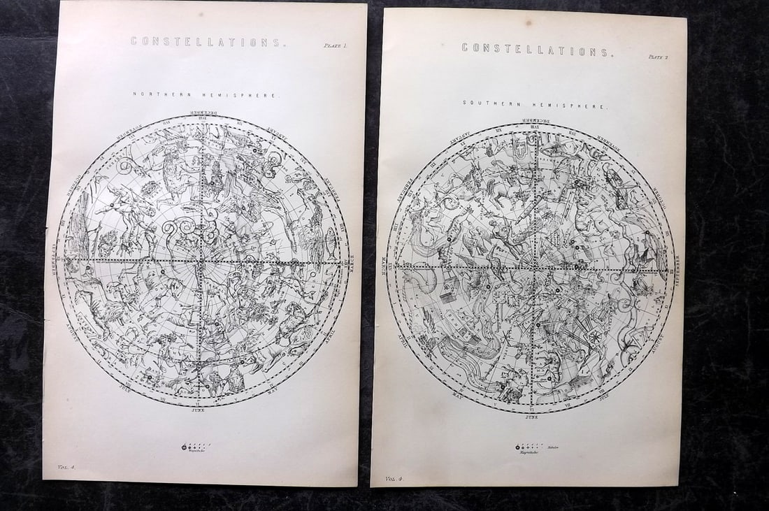 Nat. Encyclo. 1890's Pair of Celestial Maps. Northern & Southern Constellations (1 of 2)