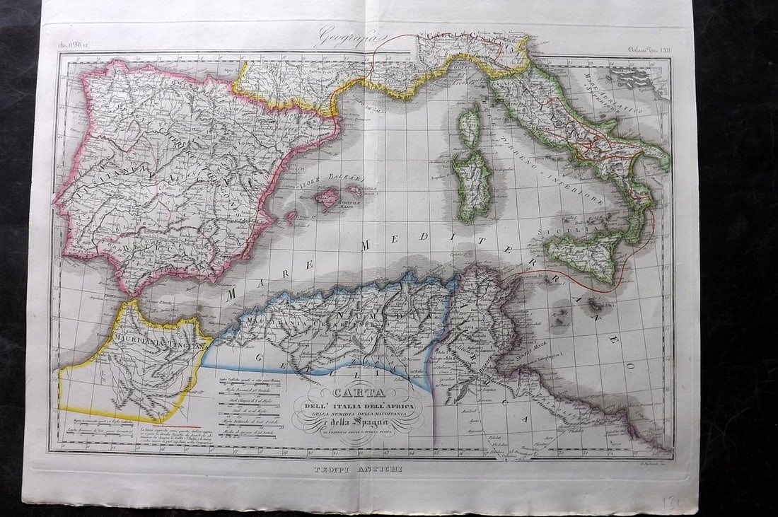 Marmocchi, F. C. 1845 Hand Col Map. Mediterranean (1 of 2)