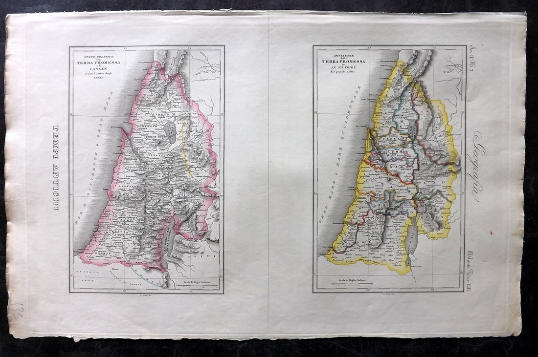 Marmocchi, F. C. 1845 Hand Col Map. Holy Land. Canaan. Israel Palestine (1 of 2)