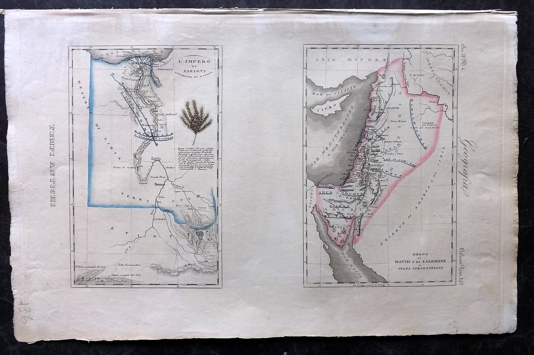 Marmocchi, F. C. 1845 Hand Col Map. Egypt Pharaoh Empire, David Salomon: Folio Hand Colored Etching/Engraving Published 1845, Florence for "Atlante di Geografia-Storica Universale" by Francesco C. Marmocchi. Paper Size: 17 x 11 inch (43 x 28cm) ome toning, otherwise Good C