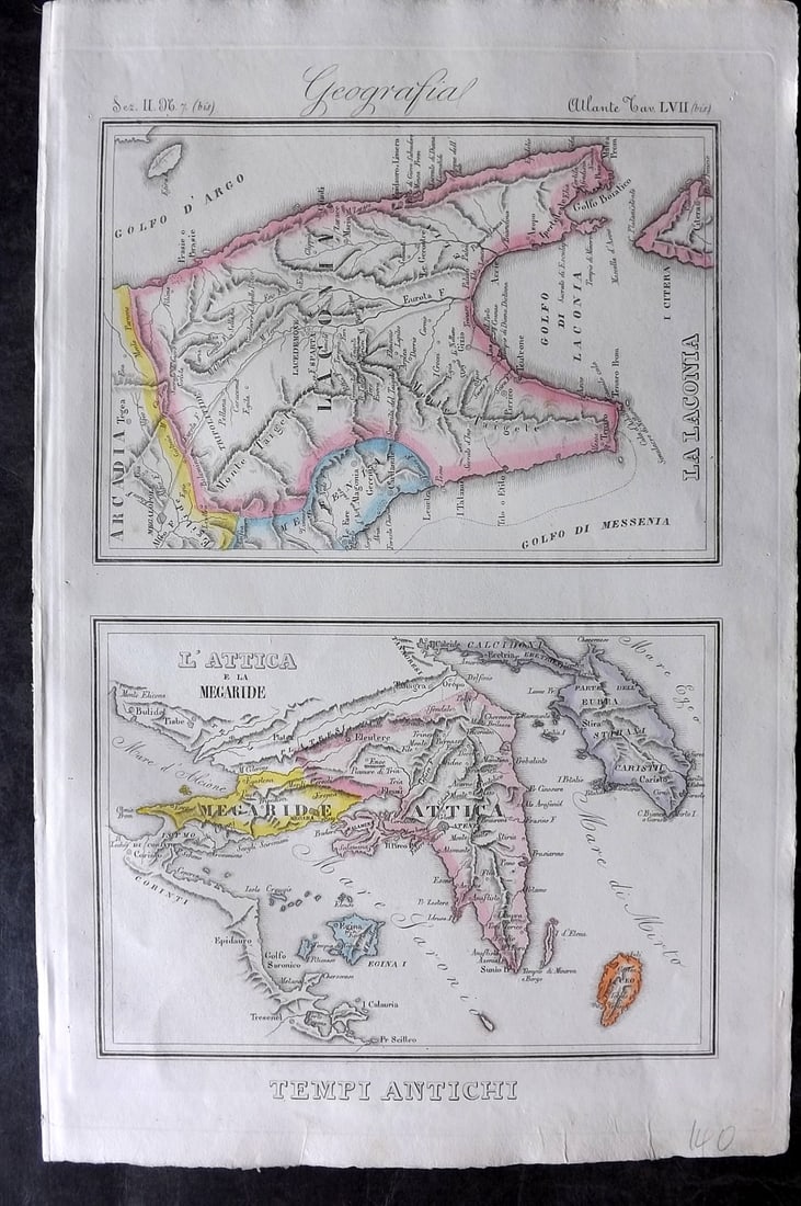 Marmocchi, F. C. 1845 Hand Col Map. Greece - Ancient Attica & Laconia (1 of 2)